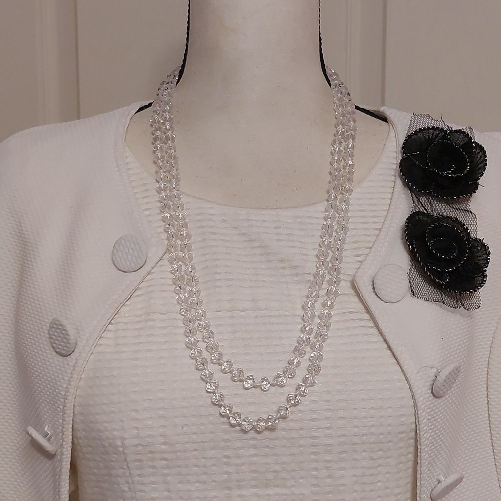 Clear Faceted Beads Beaded on White Cord Extra Long Flapper Necklace - Picture 3 of 6